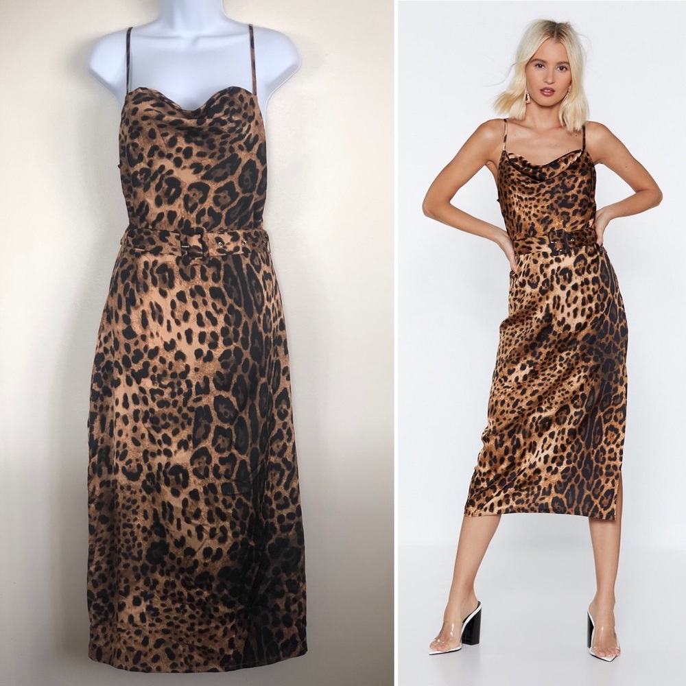 [Nasty Gal] leopard satin dress with belt
